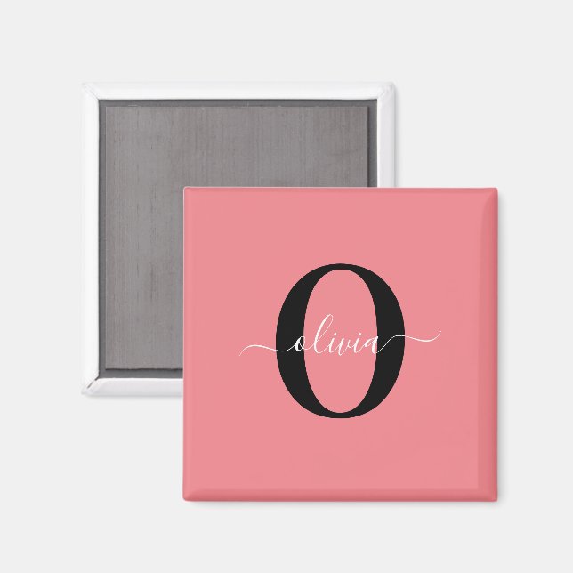 Aimant Nom en écriture personnalisée avec monogramme Noir (Recto/Verso)