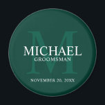 Aimant Nom et monogramme des Groomsmen personnalisés<br><div class="desc">Ajoutez une touche personnelle à votre mariage grâce à un aimant personnalisé pour les groomsmen. Cet aimant présente le nom personnalisé du marionnettiste avec titre et date mariage en blanc et monogramme en vert émeraude clair comme arrière - plan, dans le style de police serif classique, sur arrière - plan...</div>