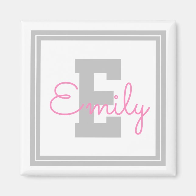 Aimant Nom et monogramme encadrés mignons | Gris clair et (Devant)