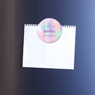 Aimant Nom holographique rose pour Quinceanera
