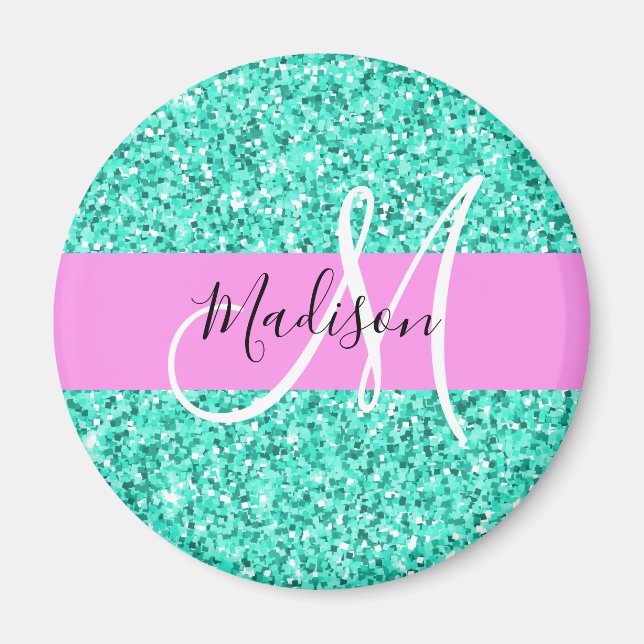 Aimant Nom Monogramme Paillettes Turquoise Rose Glamour (Devant)