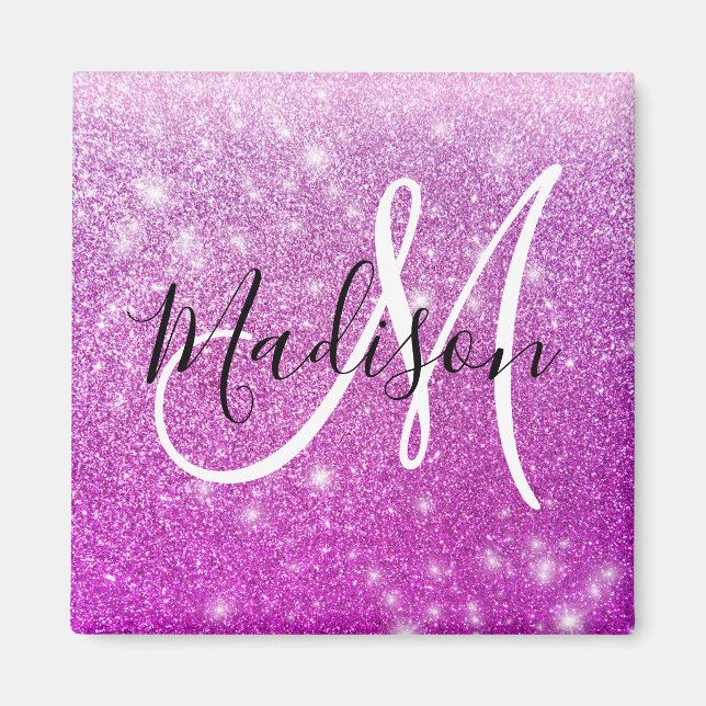 Aimant Nom Monogramme Paillettes Violet Fille et Glamour (Devant)