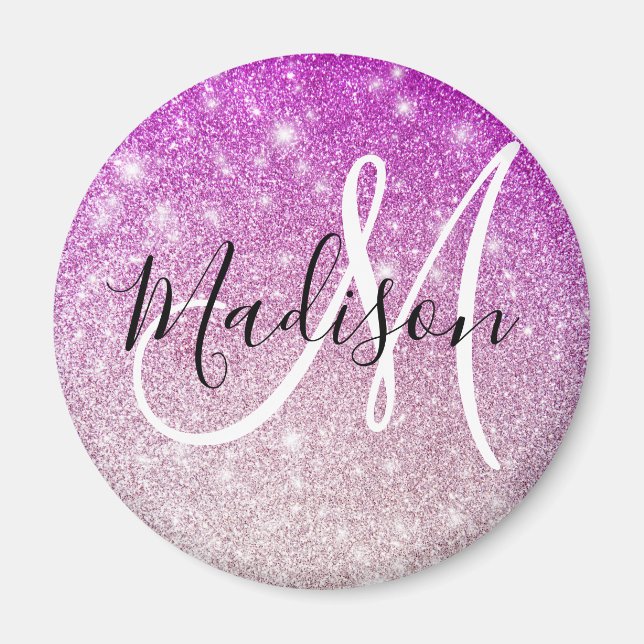 Aimant Nom monogramme Paillettes Violet Girly & Glam (Devant)
