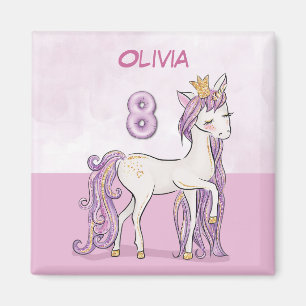 Aimant Nom personnalisé 8e anniversaire Cheval rose avec