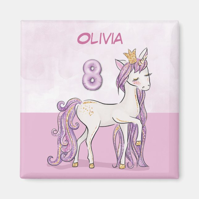 Aimant Nom personnalisé 8e anniversaire Cheval rose avec  (Devant)