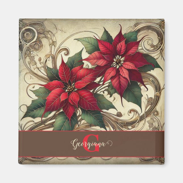 Aimant Nom personnalisé Art Nouveau Noël Poinsettia (Devant)