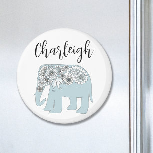 Aimant Nom personnalisé éléphant paisley bleu