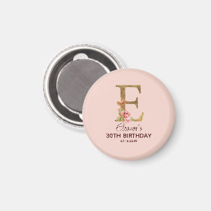 Aimant Nom personnalisé Lettre E Roses rose blush or