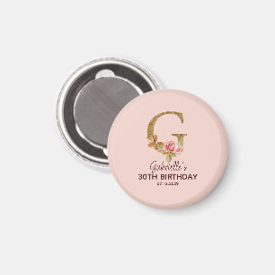 Aimant Nom personnalisé Lettre G Roses roses blush or