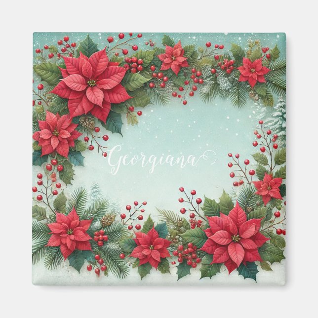 Aimant Nom personnalisé Noël Floral Aquarelle Poinsettia (Devant)