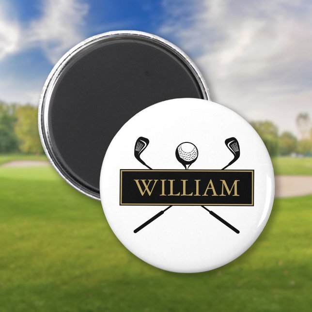 Aimant Nom Personnalisé Noir Et Or Golf Ball Clubs (Black And Gold Personalized Name Golf Ball Clubs Magnet)