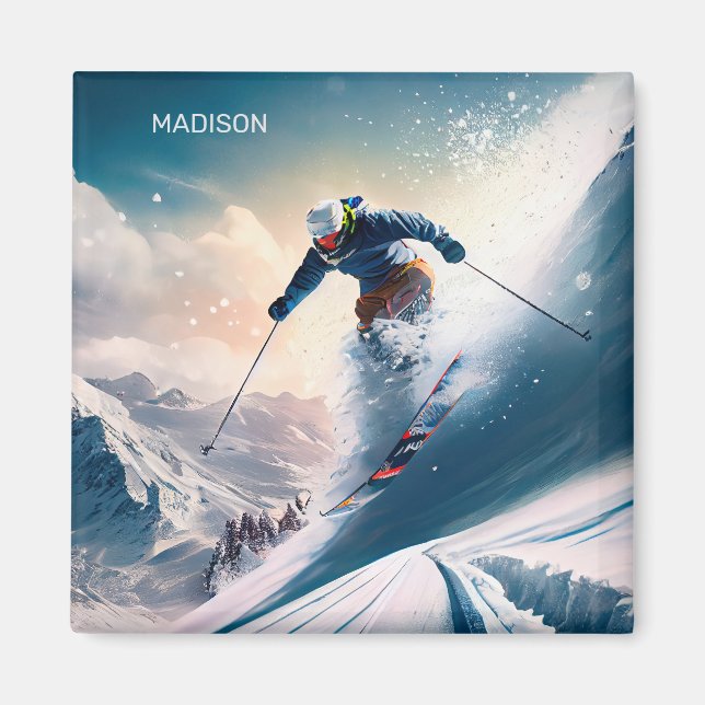 Aimant Nom personnalisé Skier de montagne (Devant)