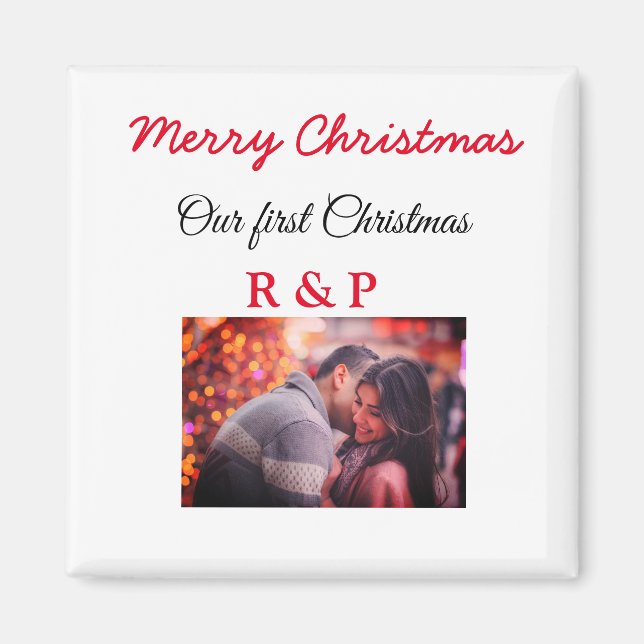 Aimant Notre premier Noël ajouter nom photo mariage engag (Devant)
