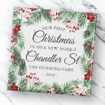 Aimant Notre premier Noël dans notre nouvelle aquarelle<br><div class="desc">Notre premier Noël dans<add name="" of="" your="" street="">Rue dans classique et simple serif et écriture cursive typographie sur un simple arrière - plan moderne de l'aquarelle feuillage botanique</add></div>