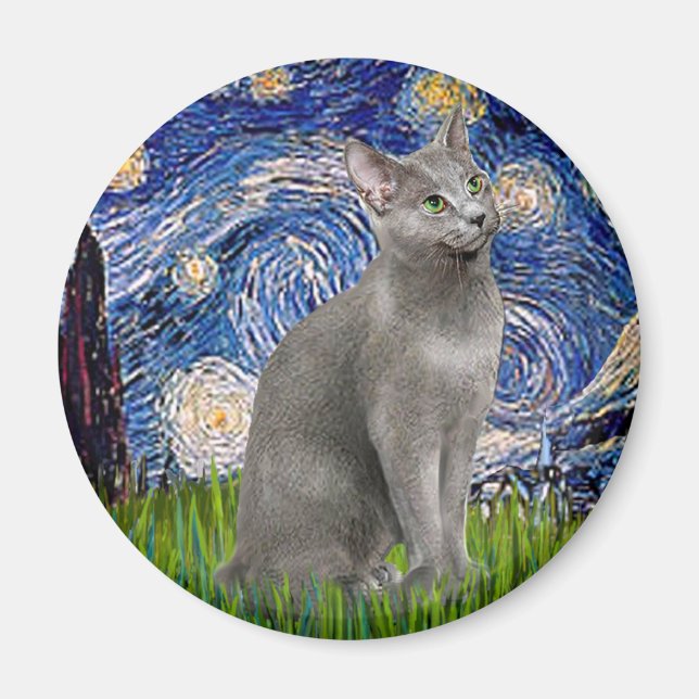 Aimant Nuit étoilée - chat bleu russe (Devant)