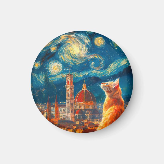 Aimant Nuit étoilée sur Florence | Art du chat roux (Devant)