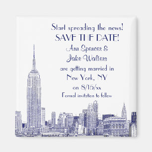Aimant NYC Skyline 01 Gravé Sauvegarder la Date Bleu