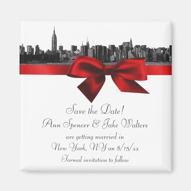 Aimant NYC Skyline large gravé BW Dark Red Save the Date (Devant)