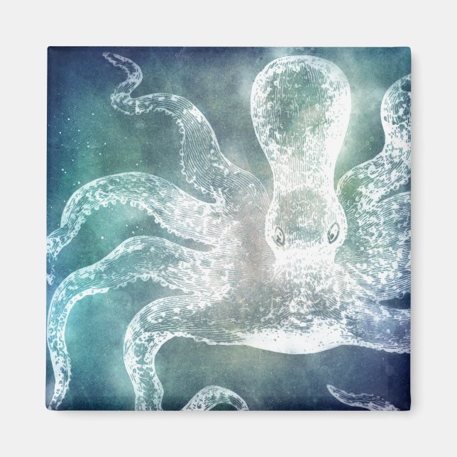 Aimant Octopus Midnight Blue Teal Watercolor Vintage (Devant)