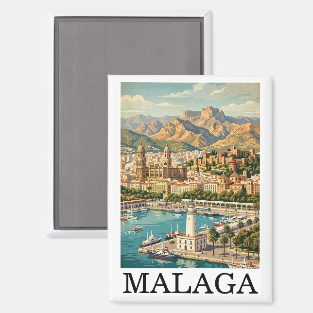 Aimant Œuvre d'art de voyage vintage Malaga Espagne (Recto/Verso)