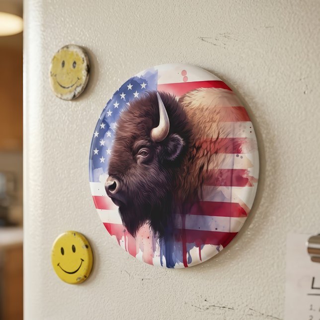Aimant Œuvres d'art majestueuses de bison américain et de (Majestic American Bison & Patriotic Flag Artwork. Magnet)
