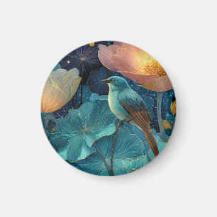 Aimant Oiseau Bleu Perché Parmi des Fleurs Éclatantes