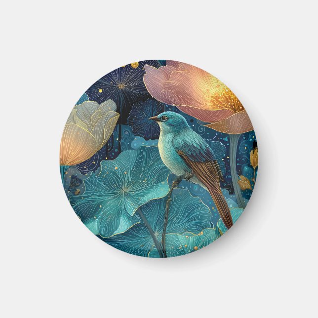 Aimant Oiseau Bleu Perché Parmi des Fleurs Éclatantes (Devant)