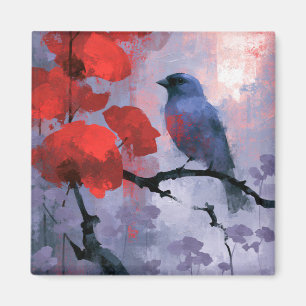 Aimant Oiseau chanteur bleu avec fleurs rouges cerise
