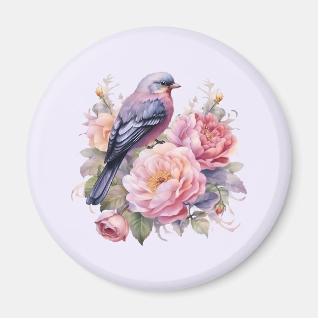 Aimant Oiseau chanteur perché sur des pivoines roses (Devant)