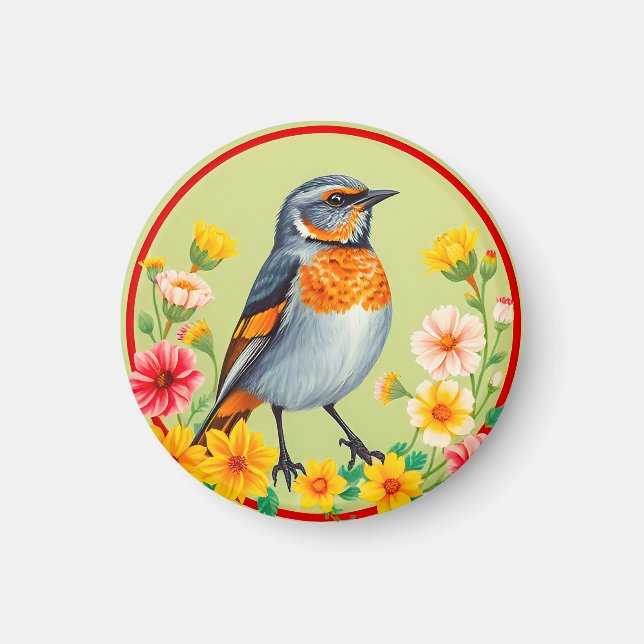 Aimant Oiseau Coloré Parmi des Fleurs Épanouies (Devant)