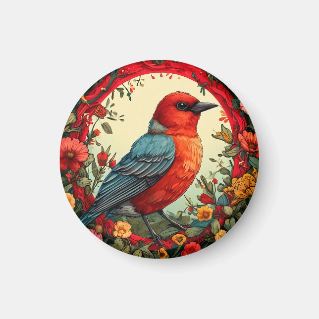 Aimant Oiseau encadré par des fleurs vibrantes (Devant)