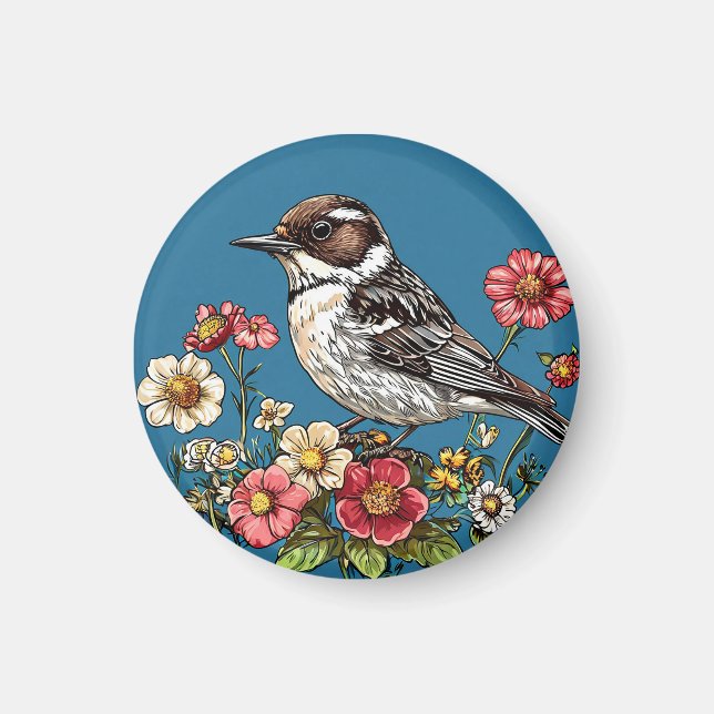 Aimant Oiseau encadré par des fleurs vibrantes (Devant)