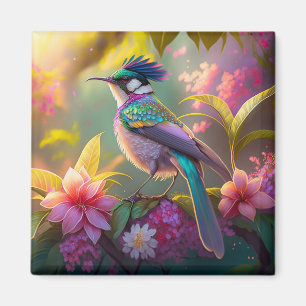 Aimant Oiseau fantastique à ailes arc-en-ciel et crête bl