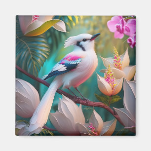 Aimant Oiseau Fantastique à Crête Blanche et Poitrine Ros
