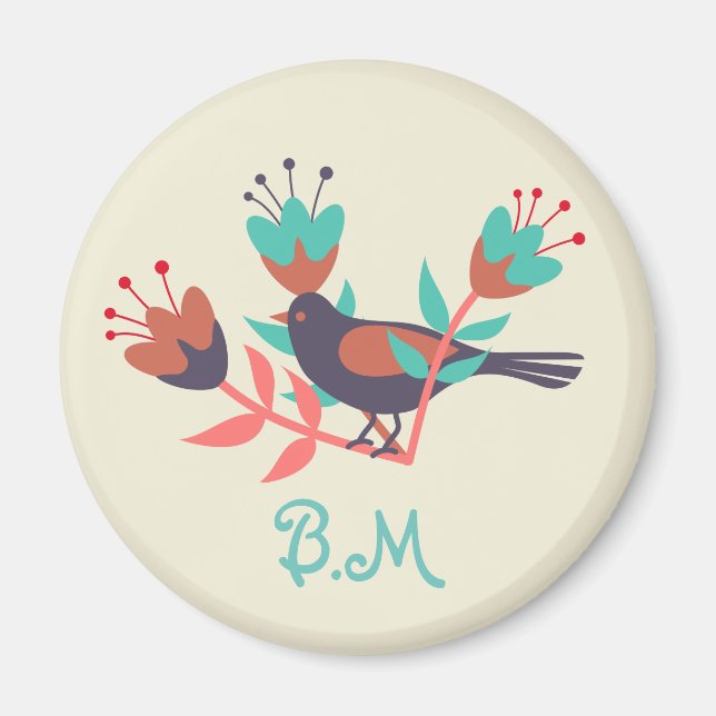 Aimant Oiseau folklorique et monogramme floral (Devant)