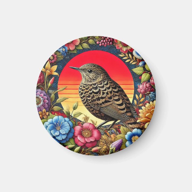 Aimant Oiseau parmi des fleurs colorées (Devant)