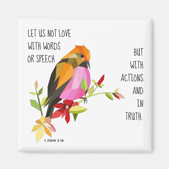 Aimant Oiseau peint, vers de 1 Jean 3:18 (Devant)