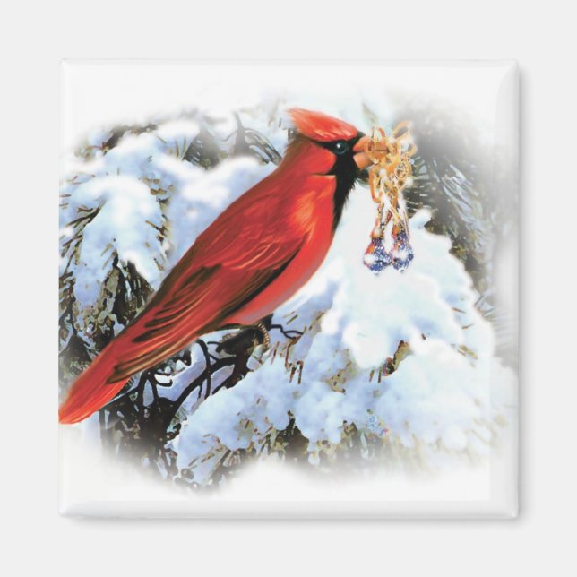 Aimant oiseau rouge dans la neige (Devant)