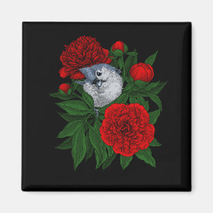 Aimant Oiseau sur un bouquet de pivoine rouge
