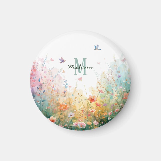 Aimant Oiseaux aquarelle printemps monogramme floral fleu (Devant)