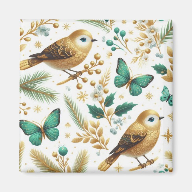Aimant Oiseaux dorés et papillons émeraude  (Devant)