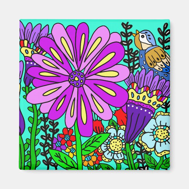 Aimant oiseaux et fleurs de style d'art folkloriqu (Devant)