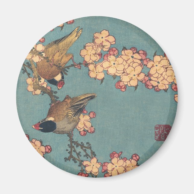Aimant Oiseaux et fleurs japonais Art rose floral (Devant)