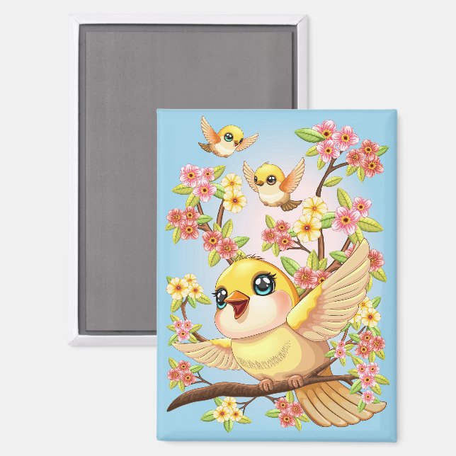 Aimant Oiseaux mignons et heureux parmi les fleurs du pri (Recto/Verso)