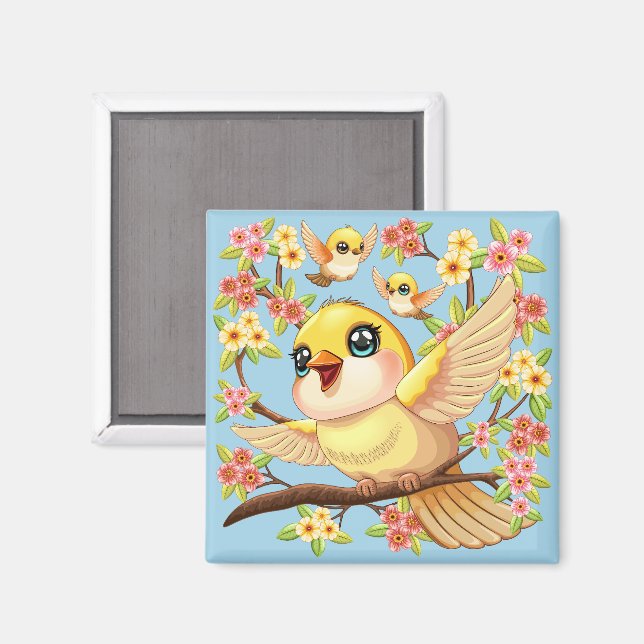 Aimant Oiseaux mignons et heureux parmi les fleurs du pri (Recto/Verso)