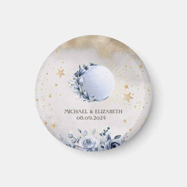 Aimant Or céleste Soleil, Bleu Lune Rose étoiles Or (Devant)