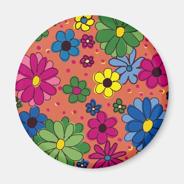 Aimant Orange avec fleurs aux couleurs vives (Devant)