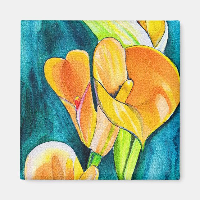 Aimant Orange Calla fleurs de laine aquarelle art (Devant)
