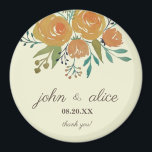 Aimant Orange Jaune, Crème et Mariage Floral Brown<br><div class="desc">Il s'agit d'un aimant de mariage classique et élégant conçu avec des roses orange jaune et des pivoines,  des feuilles botaniques et eucalyptus dans un arrière - plan jaune crème. Un cadeau de remerciement pour vos invités.</div>
