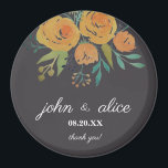 Aimant Orange jaune et Mariage Brown<br><div class="desc">Une partie de la collection A Touch of Yellow Floral Peonies and Rose. Il s'agit d'un aimant de mariage classique et élégant conçu avec des roses orange jaune et des pivoines,  des feuilles botaniques et eucalyptus dans un arrière - plan brun foncé. Un cadeau de remerciement pour vos invités.</div>